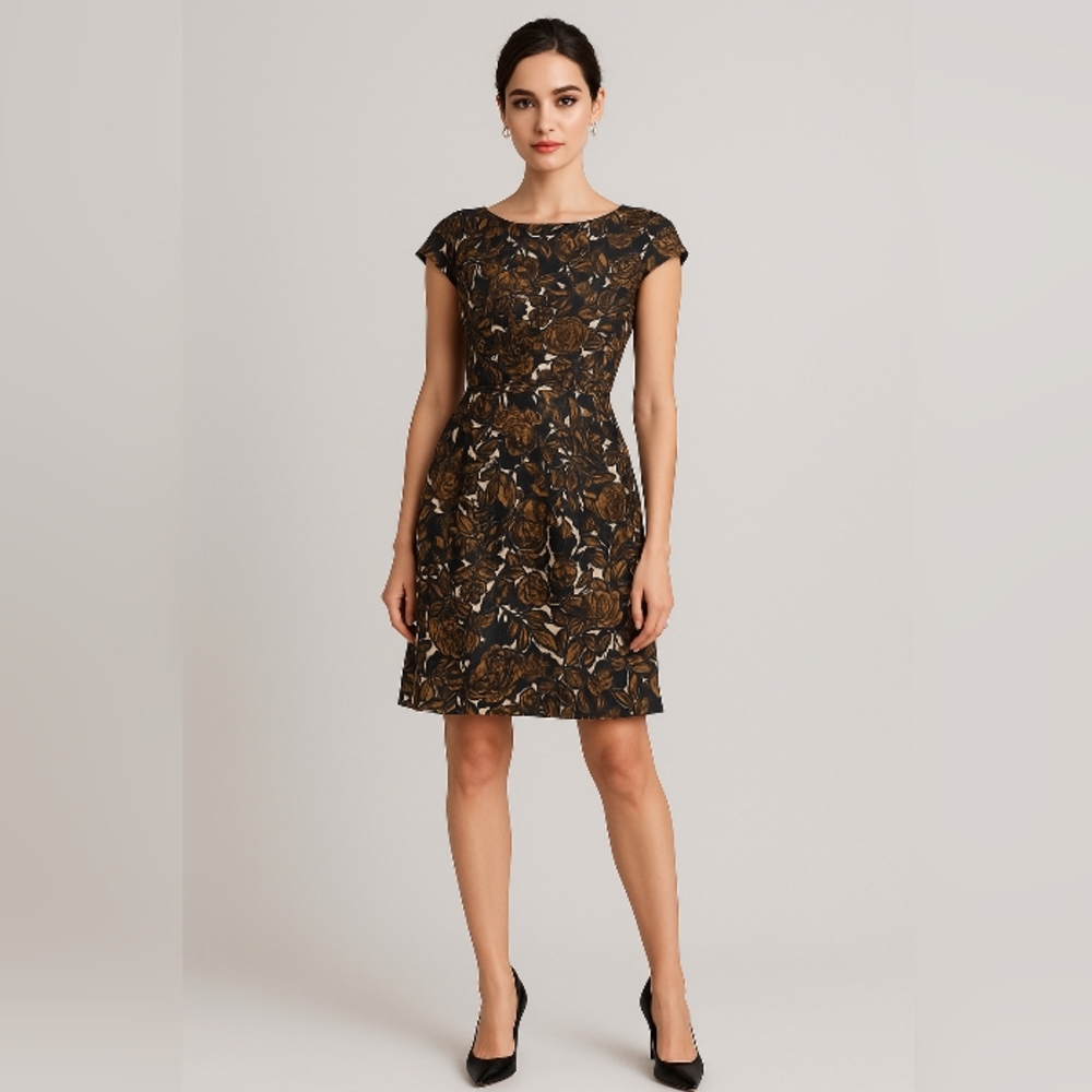 Dress Talbots Brown, White And Black Floral Size 8